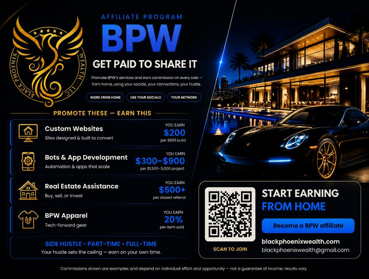 Black Phoenix Wealth Affiliate Program — Earn commissions promoting custom websites, bots, real estate assistance, and BPW apparel